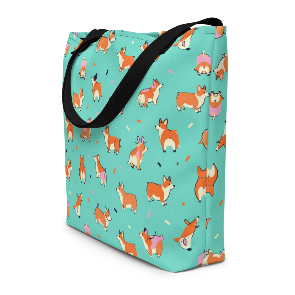 Turquoise Corgi Club on Large Tote Bag W/ Pocket — Front