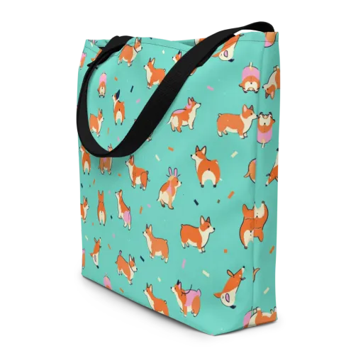 Turquoise Corgi Club on a Large Tote Bag W/ Pocket
