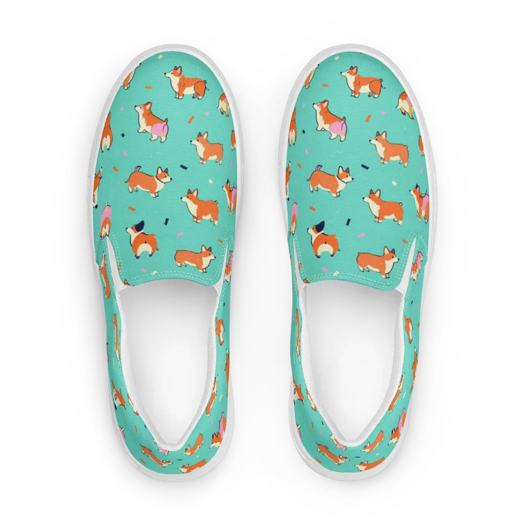 Turquoise Corgi Club on Women's Slip-On Canvas Shoes — Front