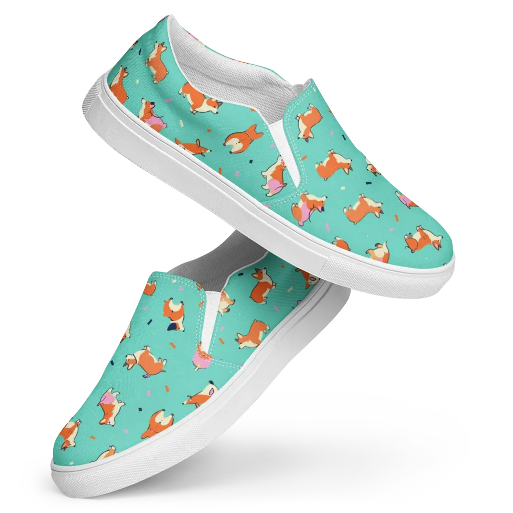Turquoise Corgi Club on Women's Slip-On Canvas Shoes — Front