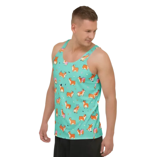 Turquoise Corgi Club on a Men's Tank Top