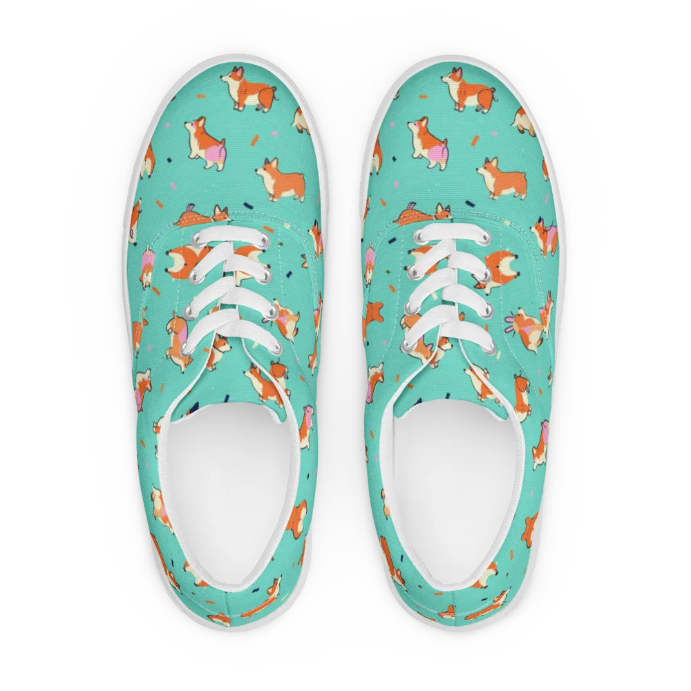 Turquoise Corgi Club on Men's Lace-Up Canvas Shoes — Front
