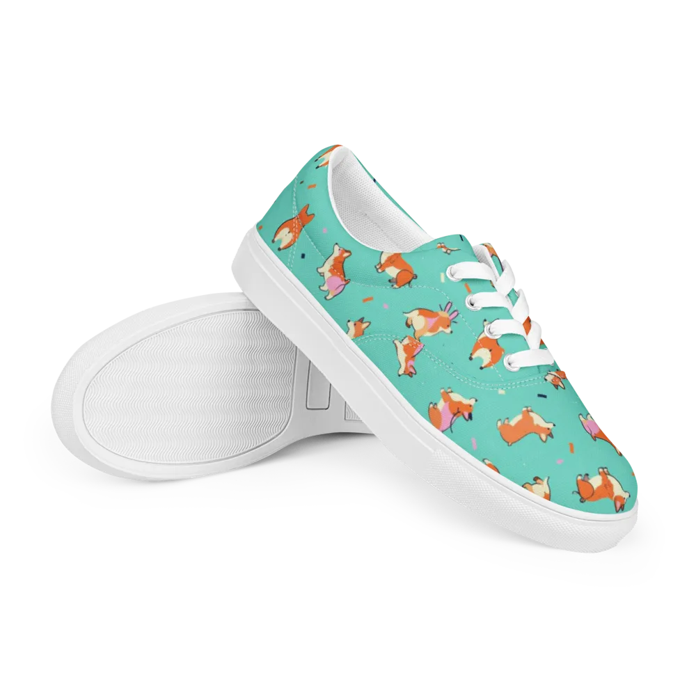 Turquoise Corgi Club on Men's Lace-Up Canvas Shoes — Right Front