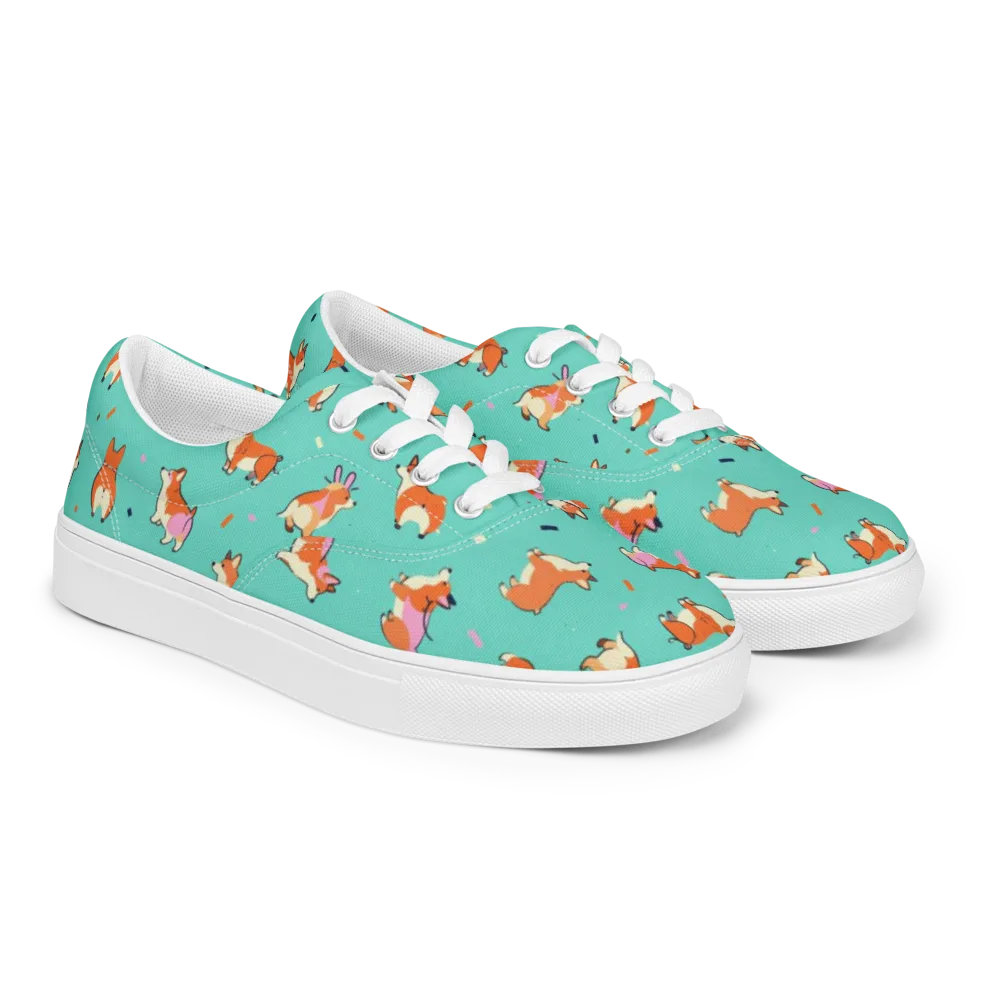 Turquoise Corgi Club on Men's Lace-Up Canvas Shoes — Right Front
