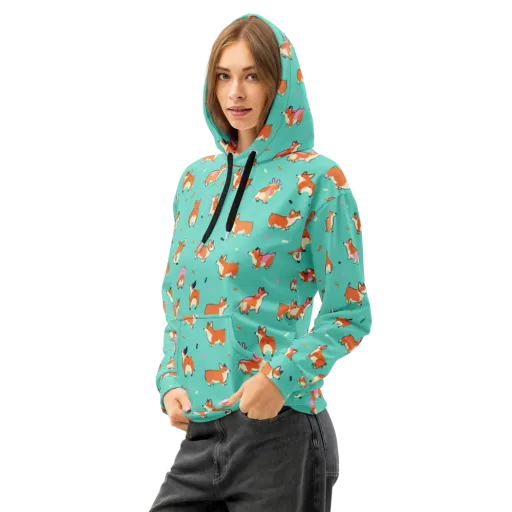 Turquoise Corgi Club on a Cotton Hoodie