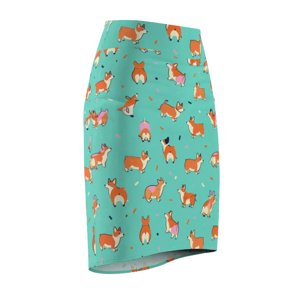 Turquoise Corgi Club on Pencil Skirt — Front Side