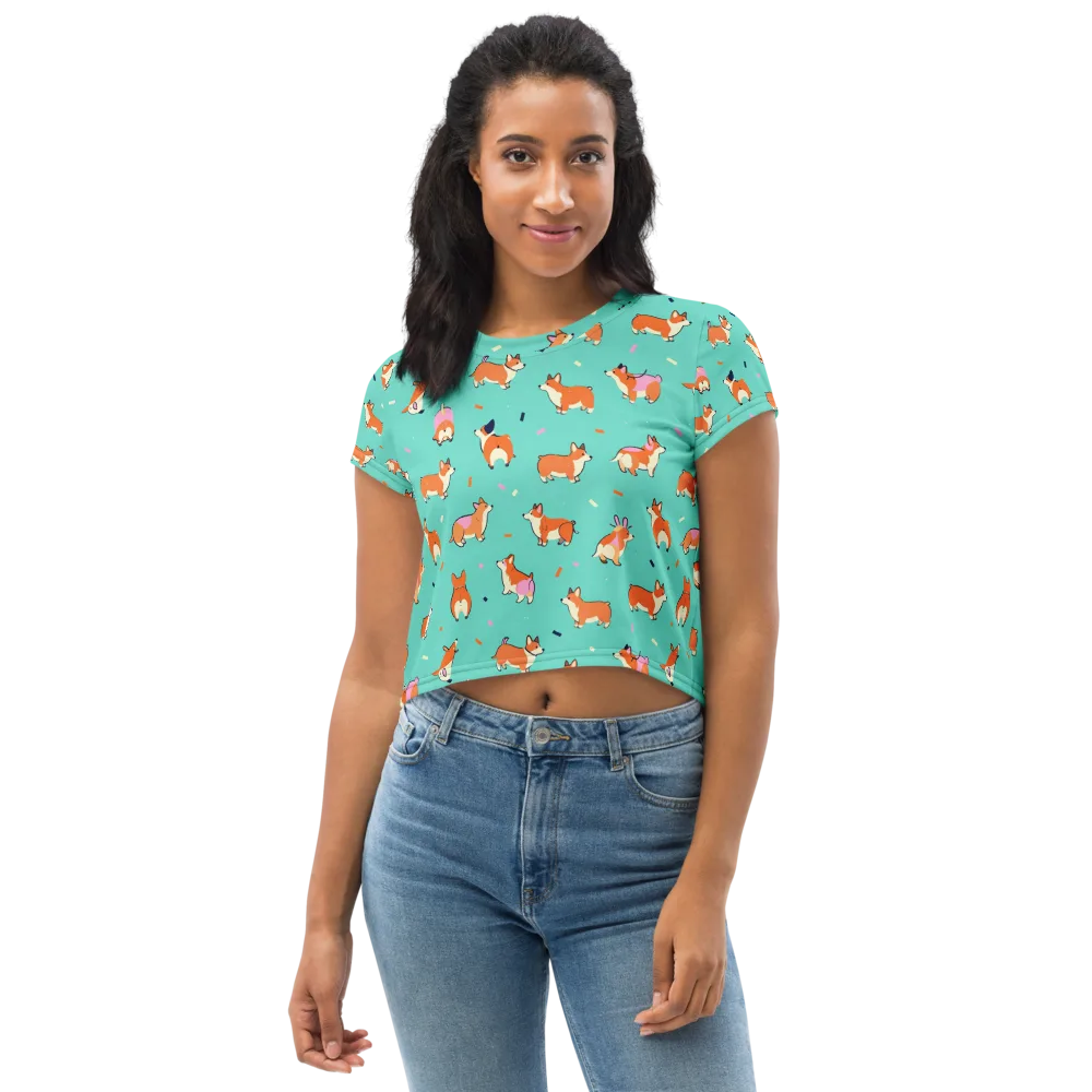 Turquoise Corgi Club on Crop Tee — Front