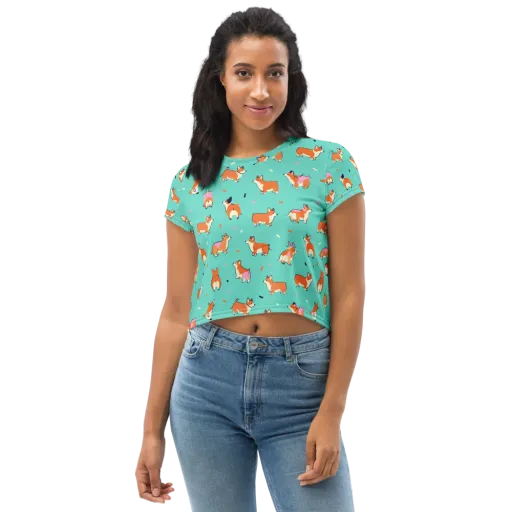 Turquoise Corgi Club on a Crop Tee
