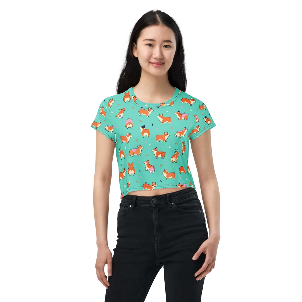 Turquoise Corgi Club on Crop Tee — Front