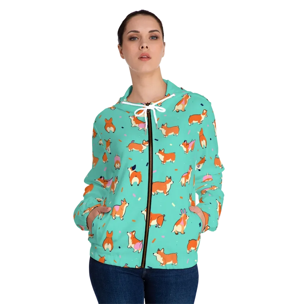 Turquoise Corgi Club on Women's Full-Zip Hoodie — Front On Person