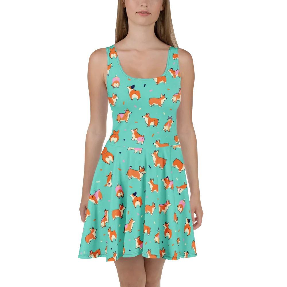 Turquoise Corgi Club on Skater Dress — Front