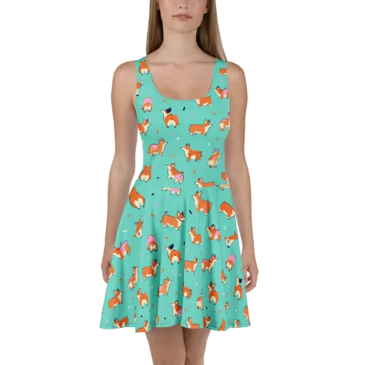 Turquoise Corgi Club on a Skater Dress