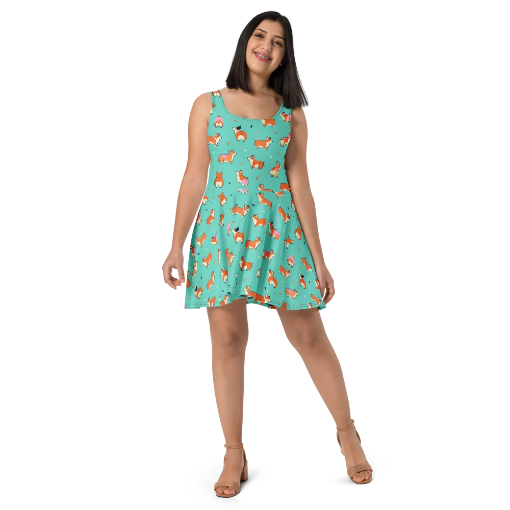 Turquoise Corgi Club on Skater Dress — Front
