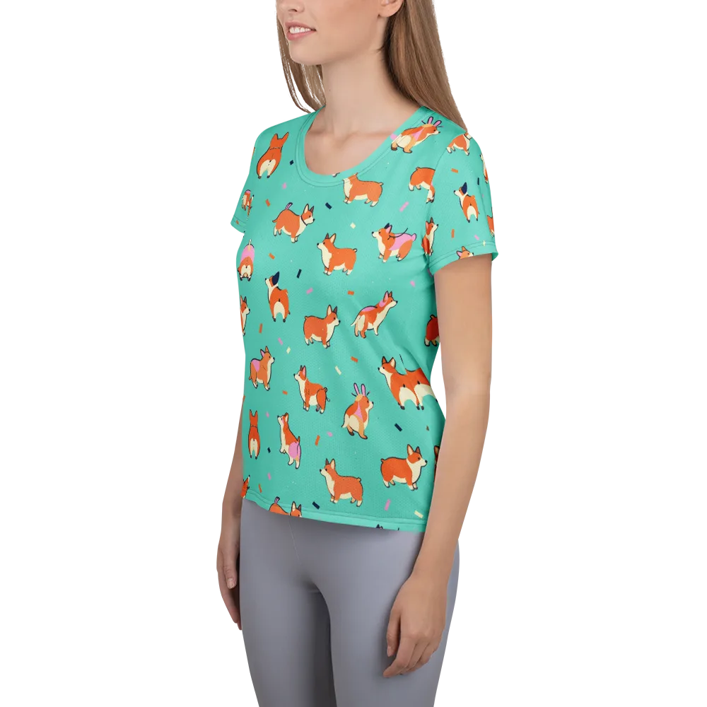 Turquoise Corgi Club on Women's Athletic T-Shirt — Left
