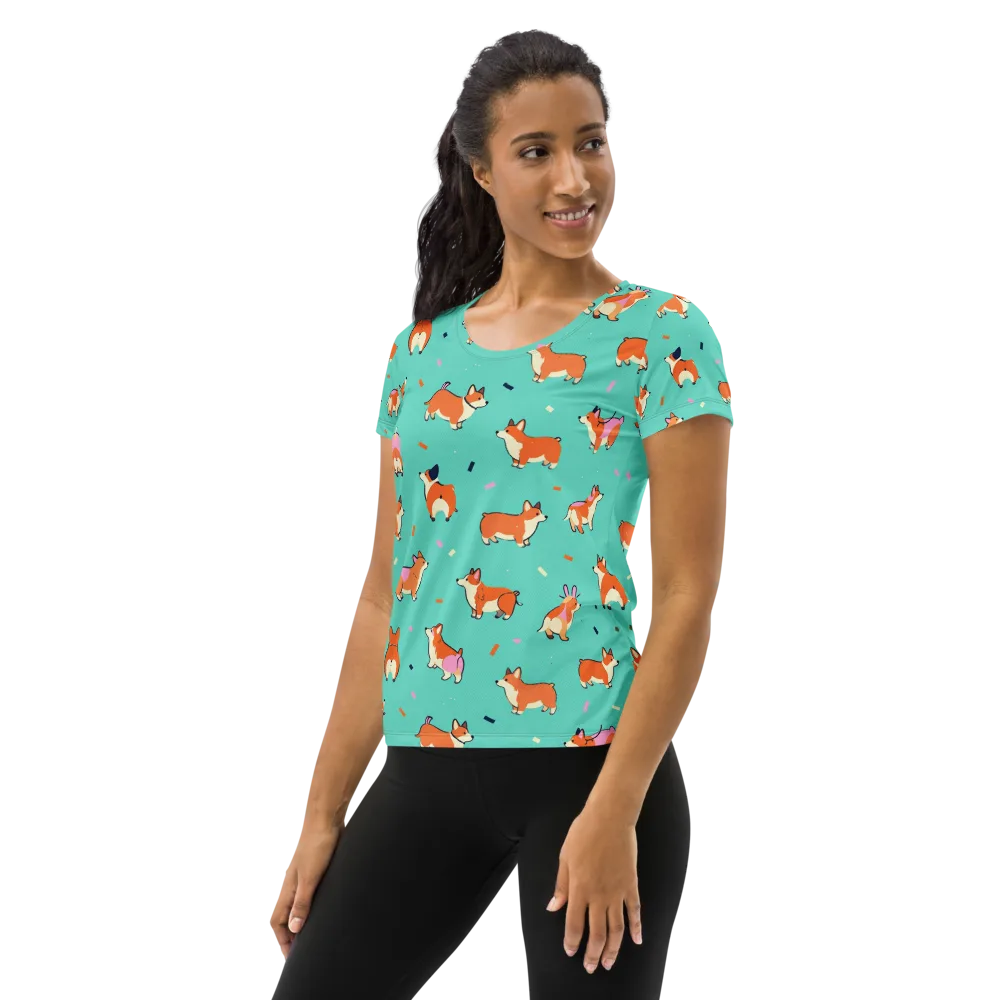 Turquoise Corgi Club on Women's Athletic T-Shirt — Left