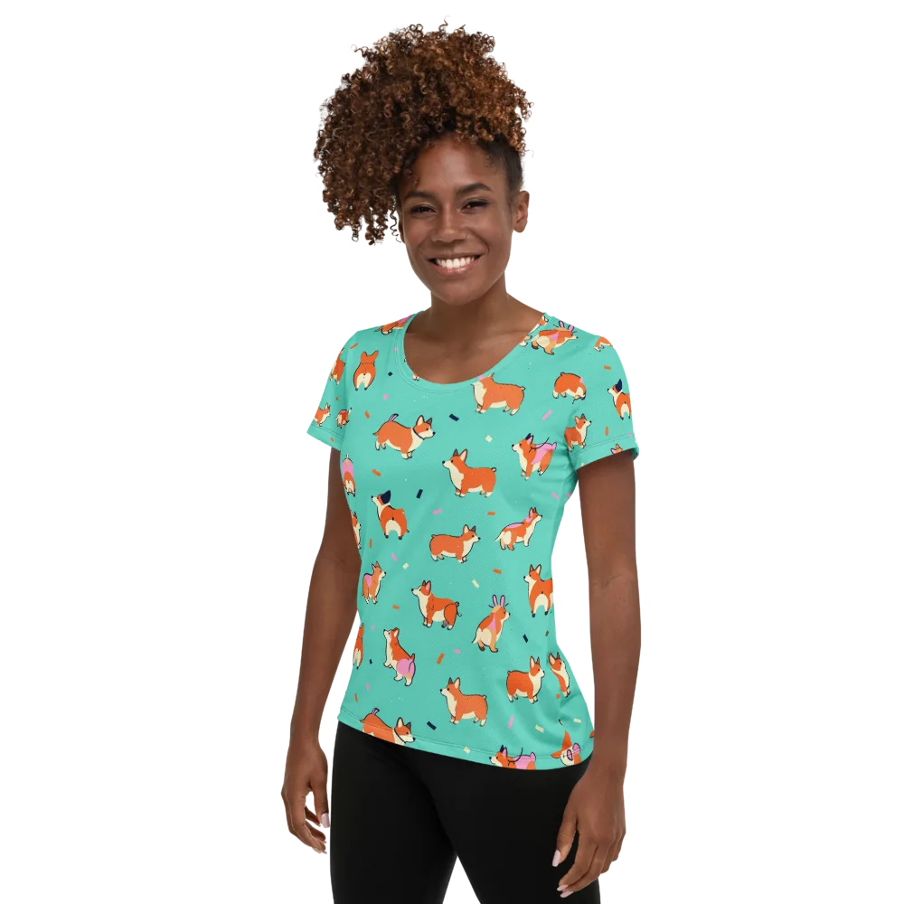 Turquoise Corgi Club on Women's Athletic T-Shirt — Left