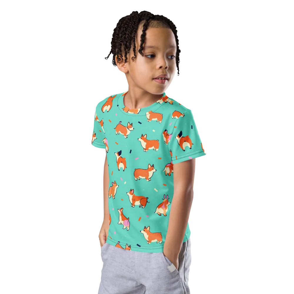 Turquoise Corgi Club on Kids Crew Neck T-Shirt — Left Front