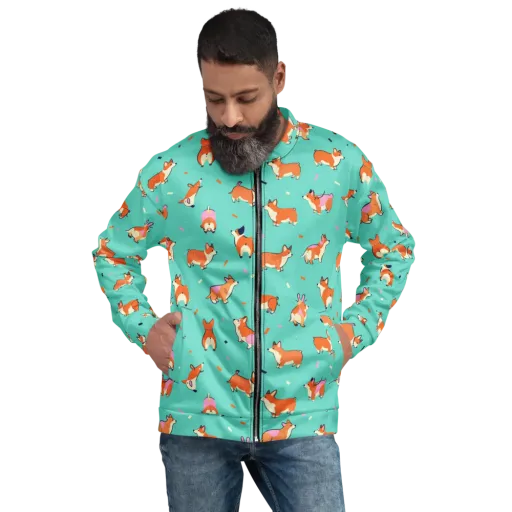 Turquoise Corgi Club on a Bomber Jacket