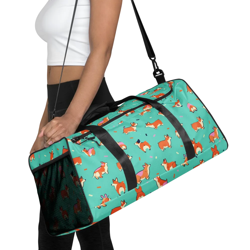 Turquoise Corgi Club on Duffle Bag — Front