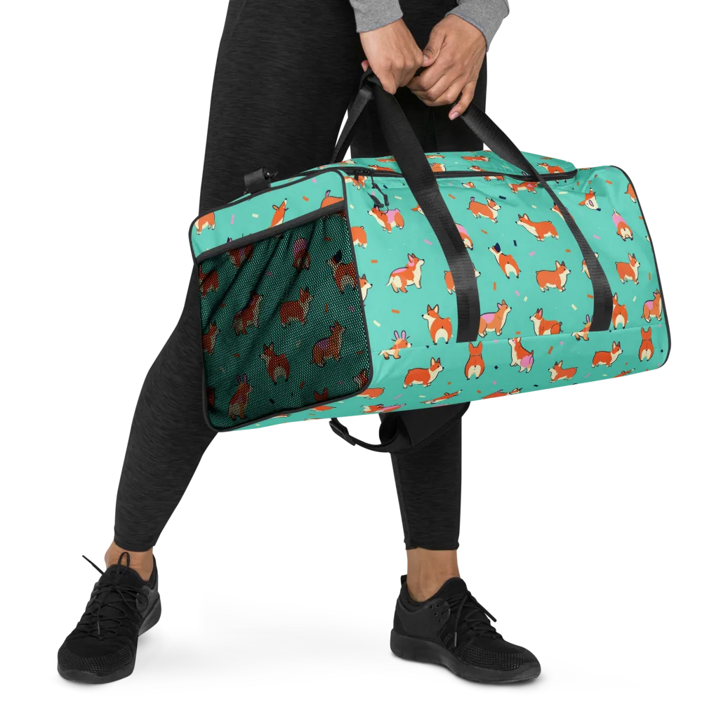 Turquoise Corgi Club on Duffle Bag — Right Front
