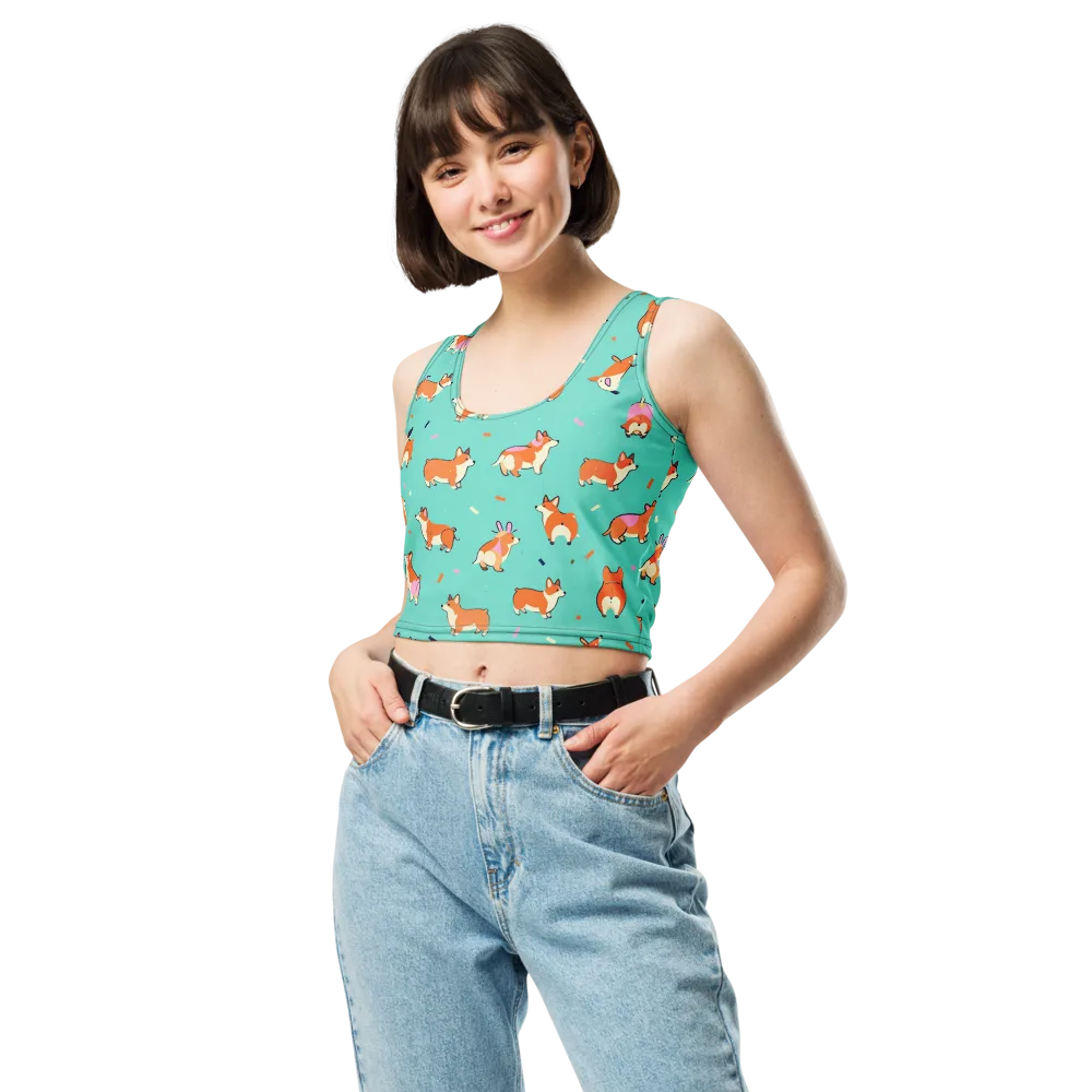 Turquoise Corgi Club on Crop Top — Front