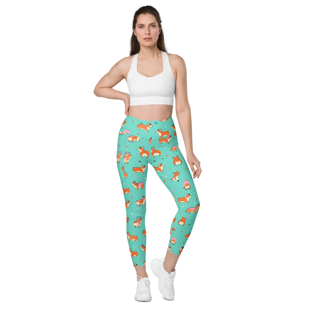 Turquoise Corgi Club on Leggings with Pockets — Front
