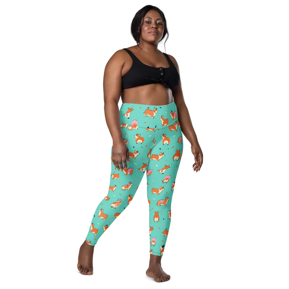 Turquoise Corgi Club on Leggings with Pockets — Front