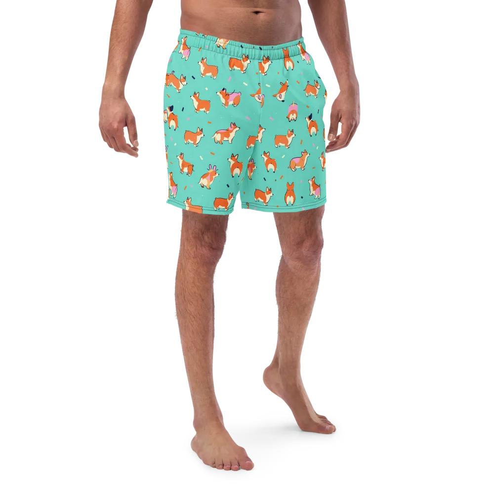 Turquoise Corgi Club on Swim Trunks — Front
