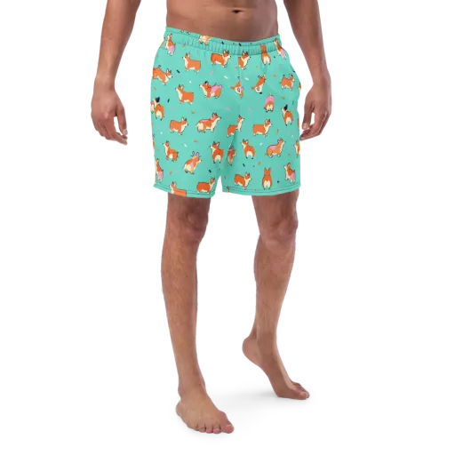 Turquoise Corgi Club on a Swim Trunks