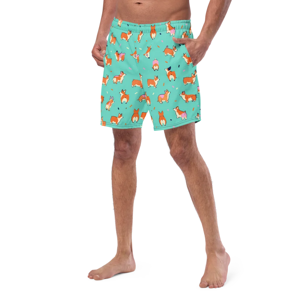 Turquoise Corgi Club on Swim Trunks — Left Front