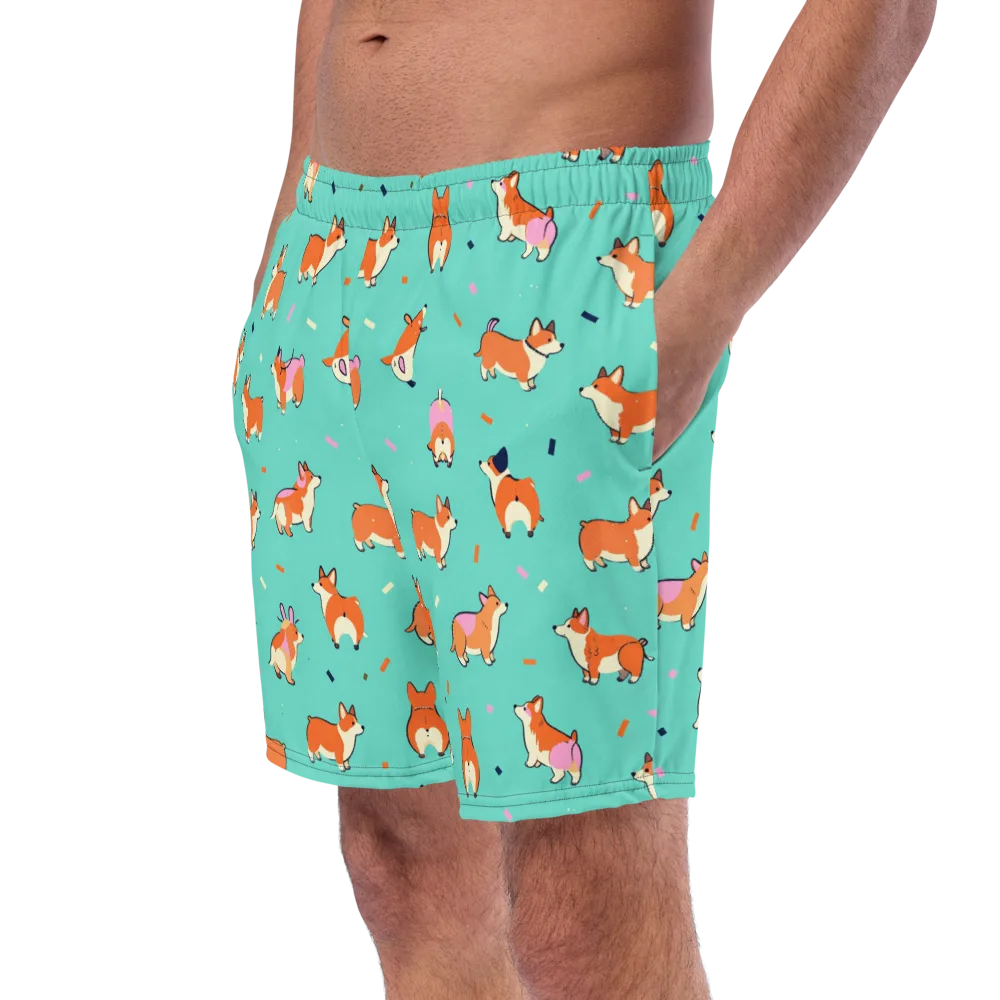 Turquoise Corgi Club on Swim Trunks — Left Front