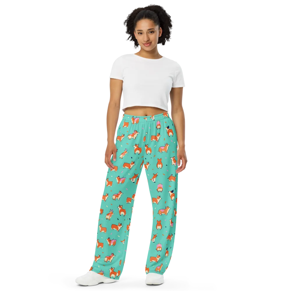 Turquoise Corgi Club on Wide-Leg Pants — Front