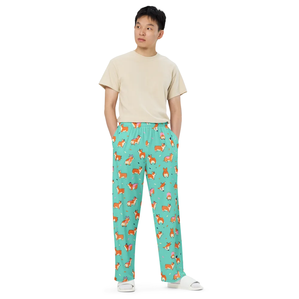 Turquoise Corgi Club on Wide-Leg Pants — Front