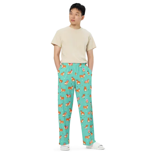 Turquoise Corgi Club on a Wide-Leg Pants