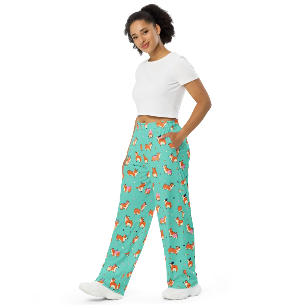 Turquoise Corgi Club on Wide-Leg Pants — Left Front