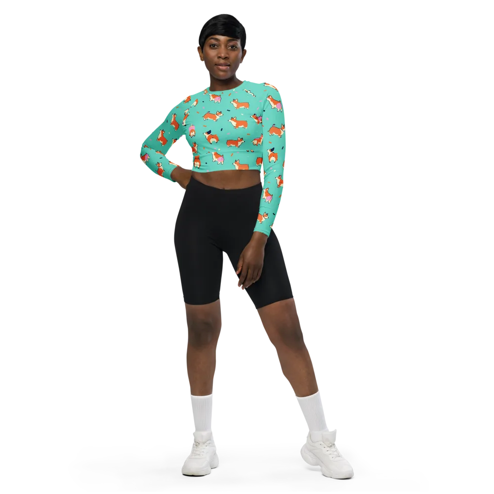 Turquoise Corgi Club on Long Sleeve Crop Top — Front