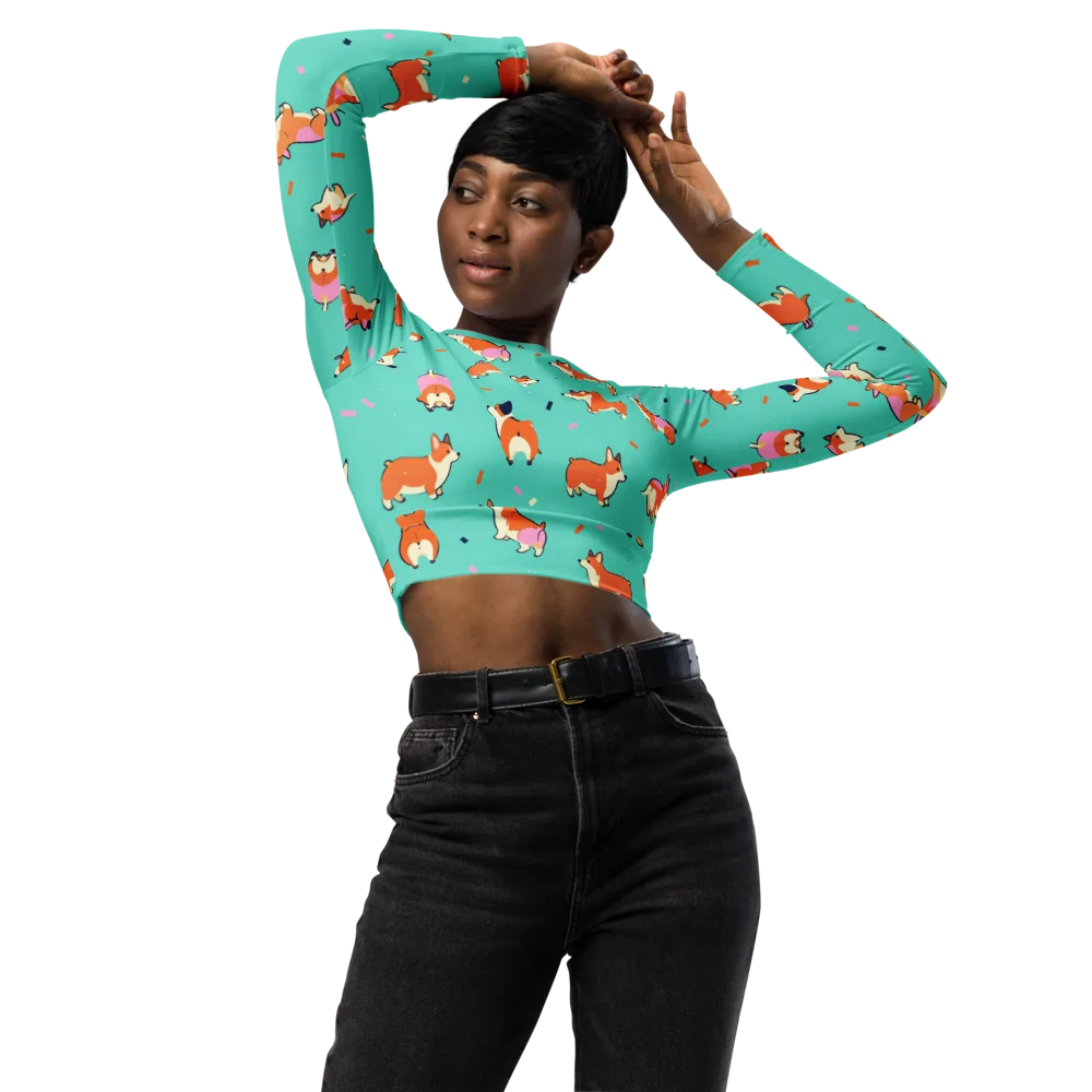 Turquoise Corgi Club on Long Sleeve Crop Top — Front