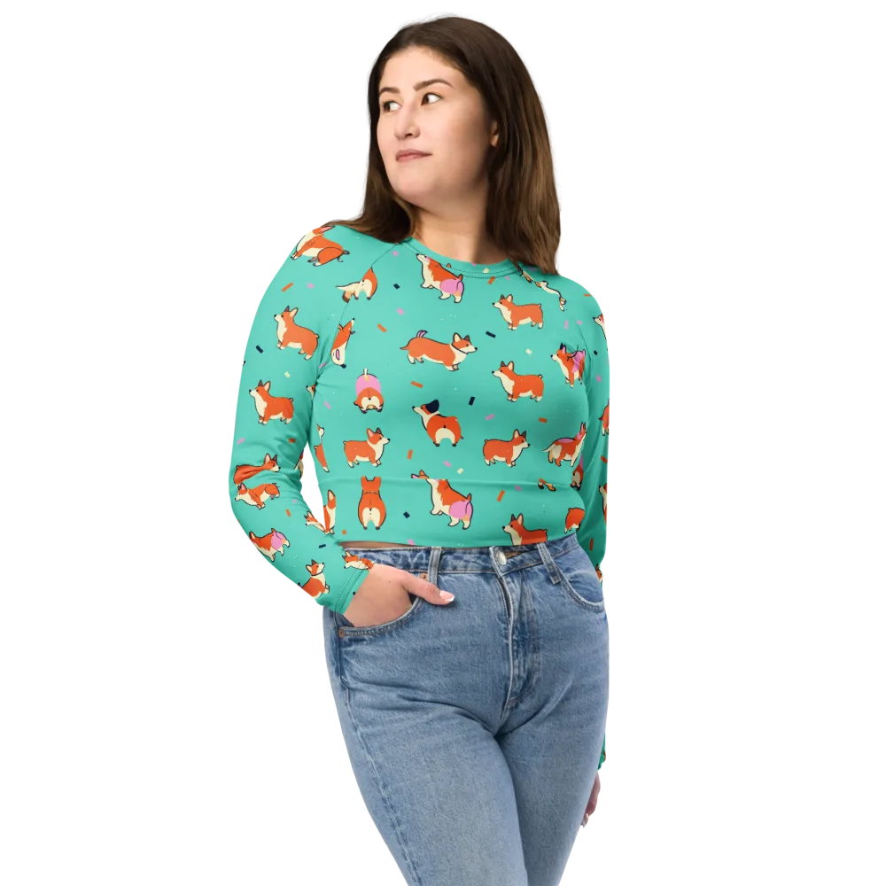 Turquoise Corgi Club on Long Sleeve Crop Top — Front