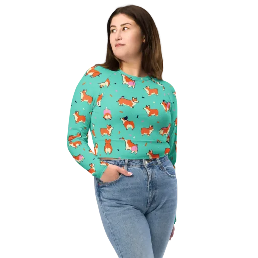 Turquoise Corgi Club on a Long Sleeve Crop Top