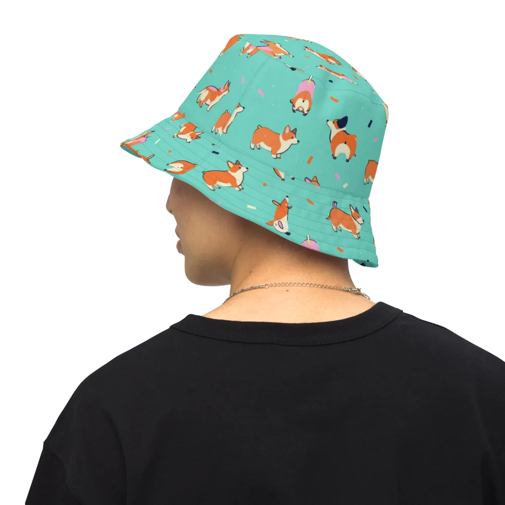 Turquoise Corgi Club on Reversible Bucket Hat — Back Inside
