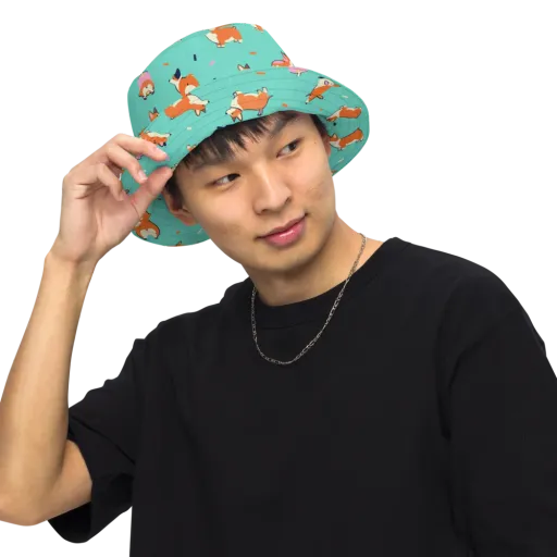 Turquoise Corgi Club on a Reversible Bucket Hat