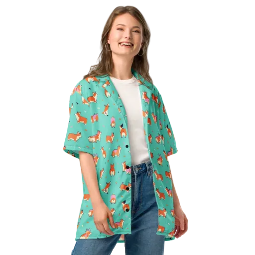 Turquoise Corgi Club on a Button Shirt