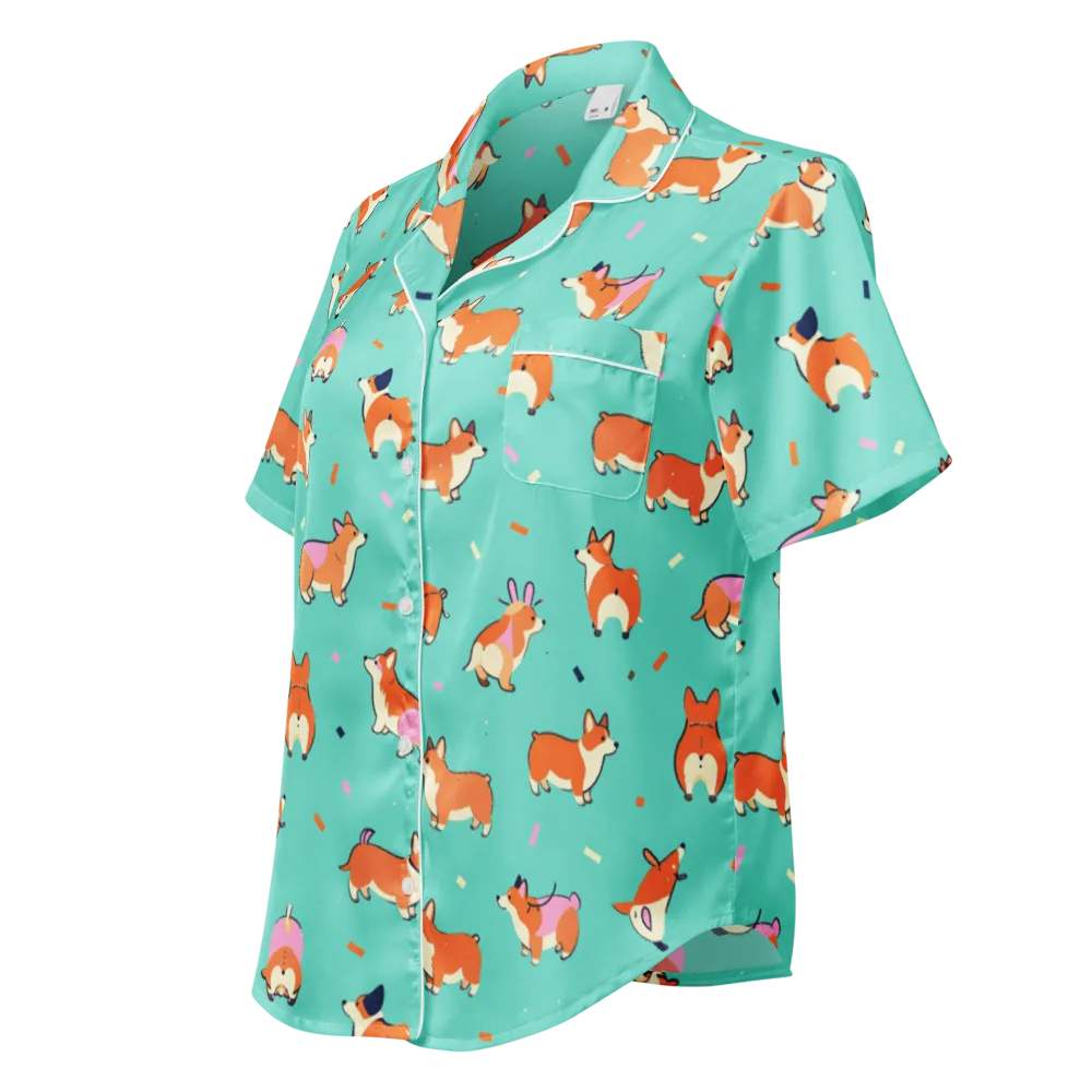 Turquoise Corgi Club on Women's Short Sleeve Pajama Top — Left Front