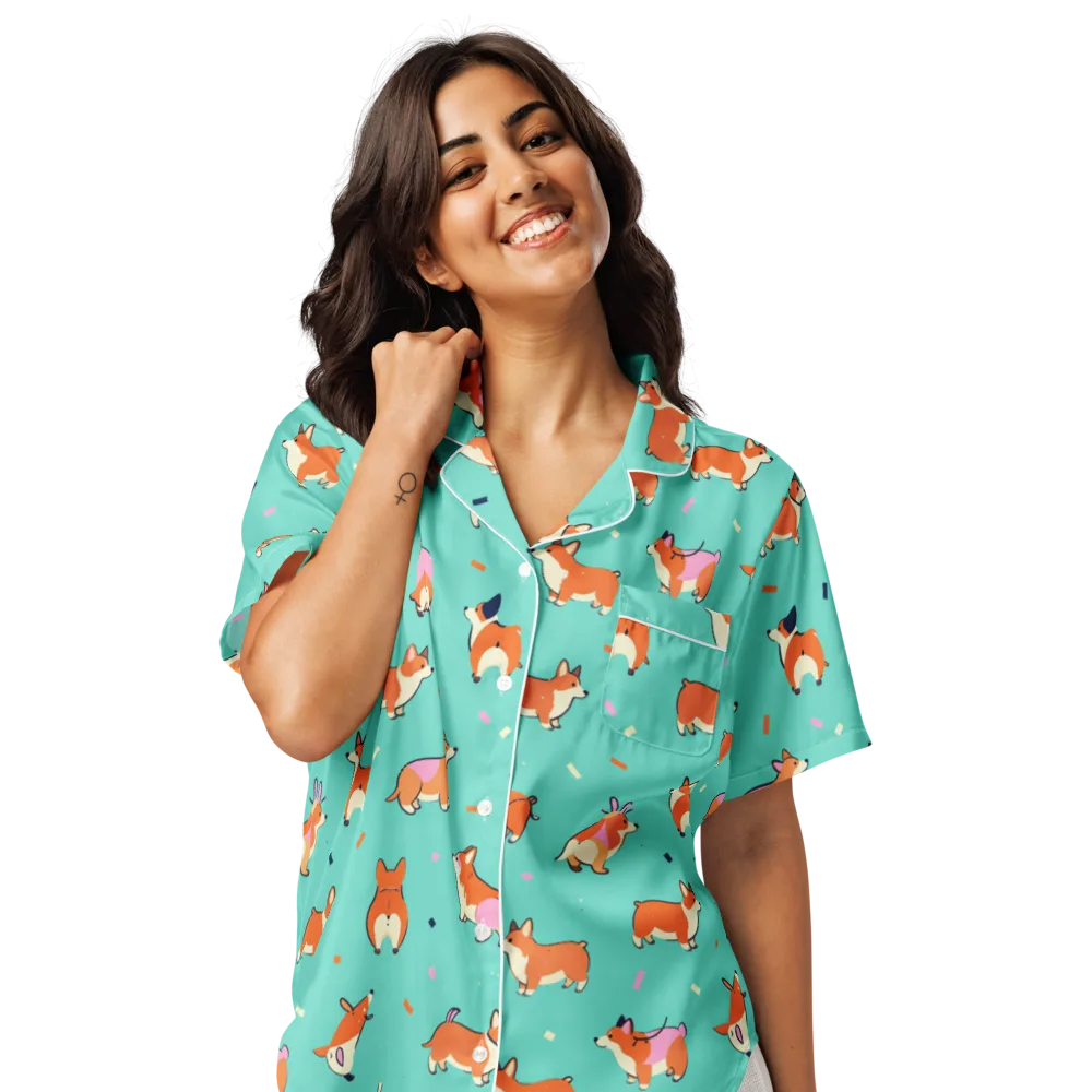 Turquoise Corgi Club on Women's Short Sleeve Pajama Top — Front