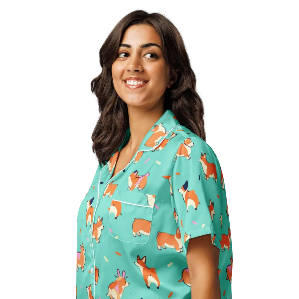 Turquoise Corgi Club on Women's Short Sleeve Pajama Top — Left Front