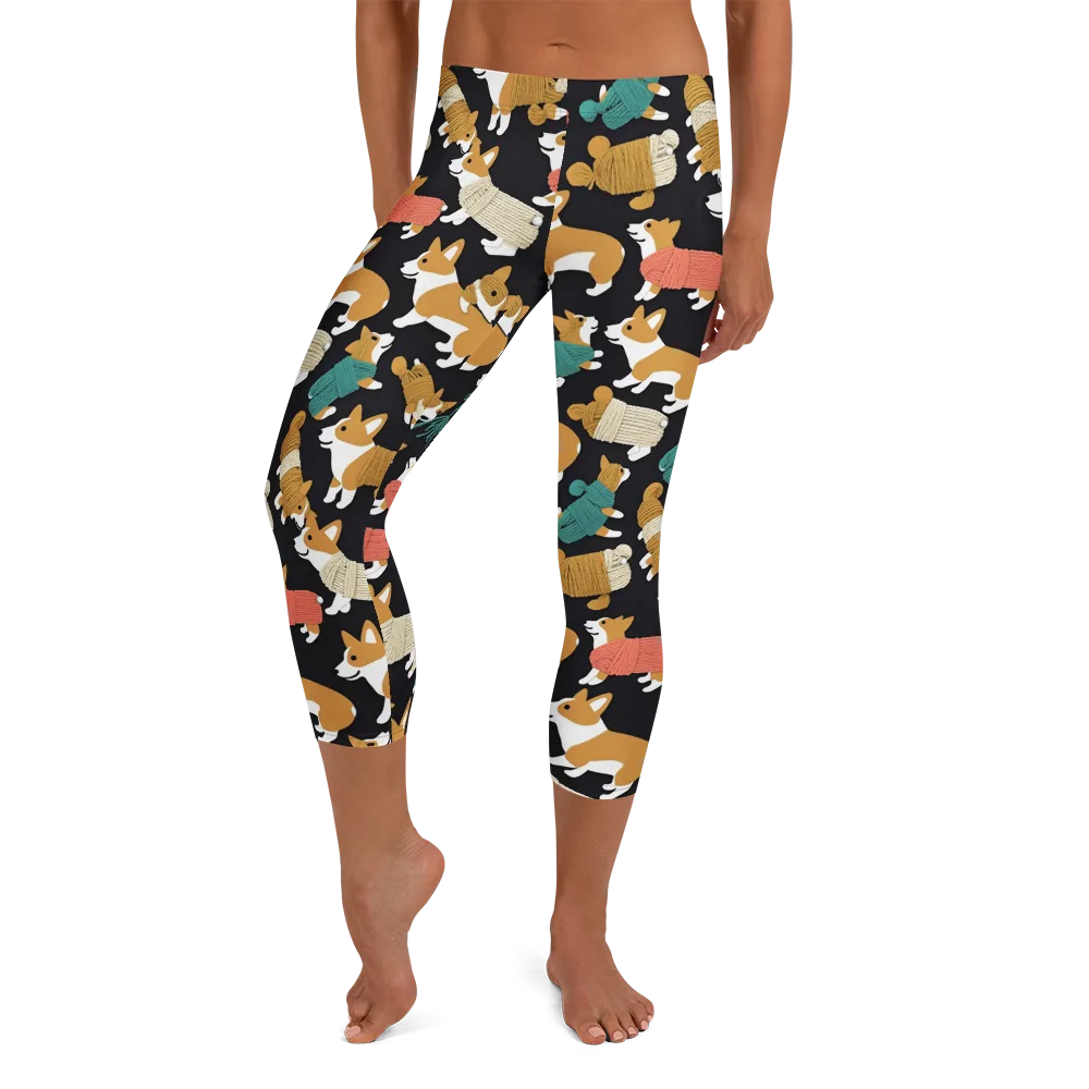 Corgi Cozy on Capri Leggings — Front