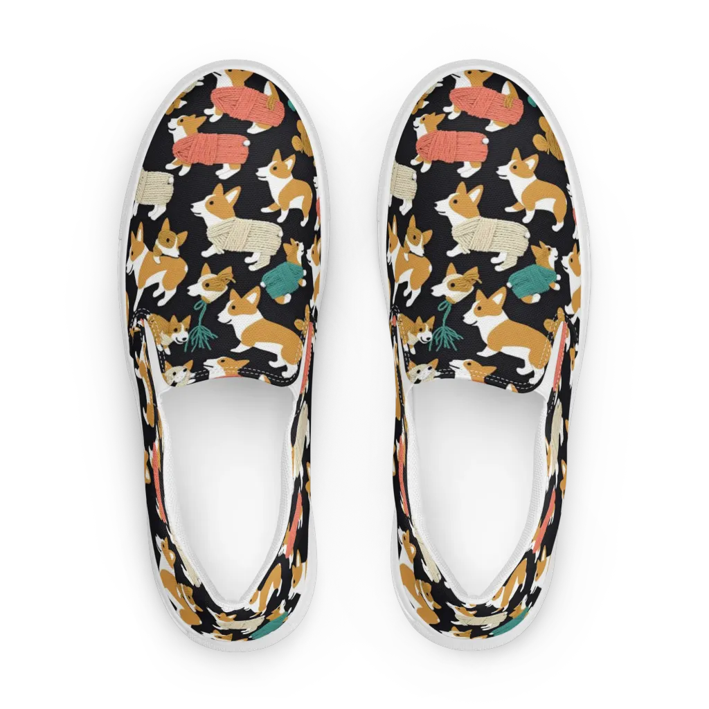 Corgi Cozy on Men's Slip-On Canvas Shoes — Front