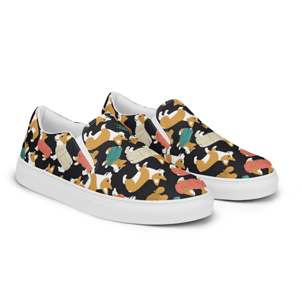 Corgi Cozy on Men's Slip-On Canvas Shoes — Right Front