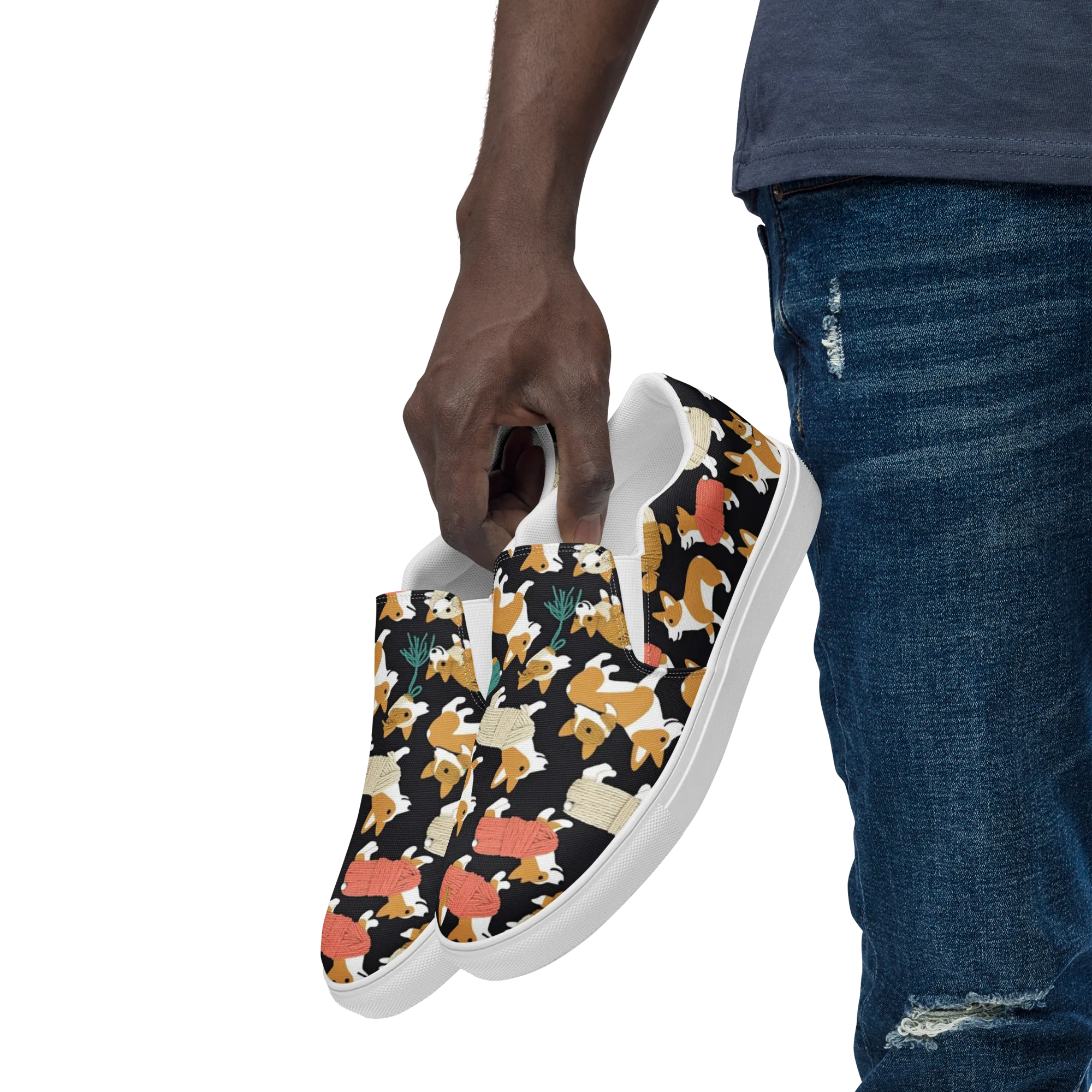 Corgi Cozy on Men's Slip-On Canvas Shoes — Left Front
