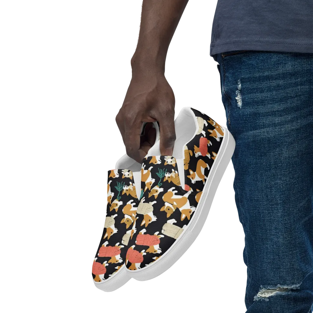 Corgi Cozy on Men's Slip-On Canvas Shoes — Left Front